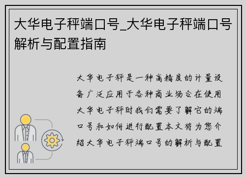大华电子秤端口号_大华电子秤端口号解析与配置指南
